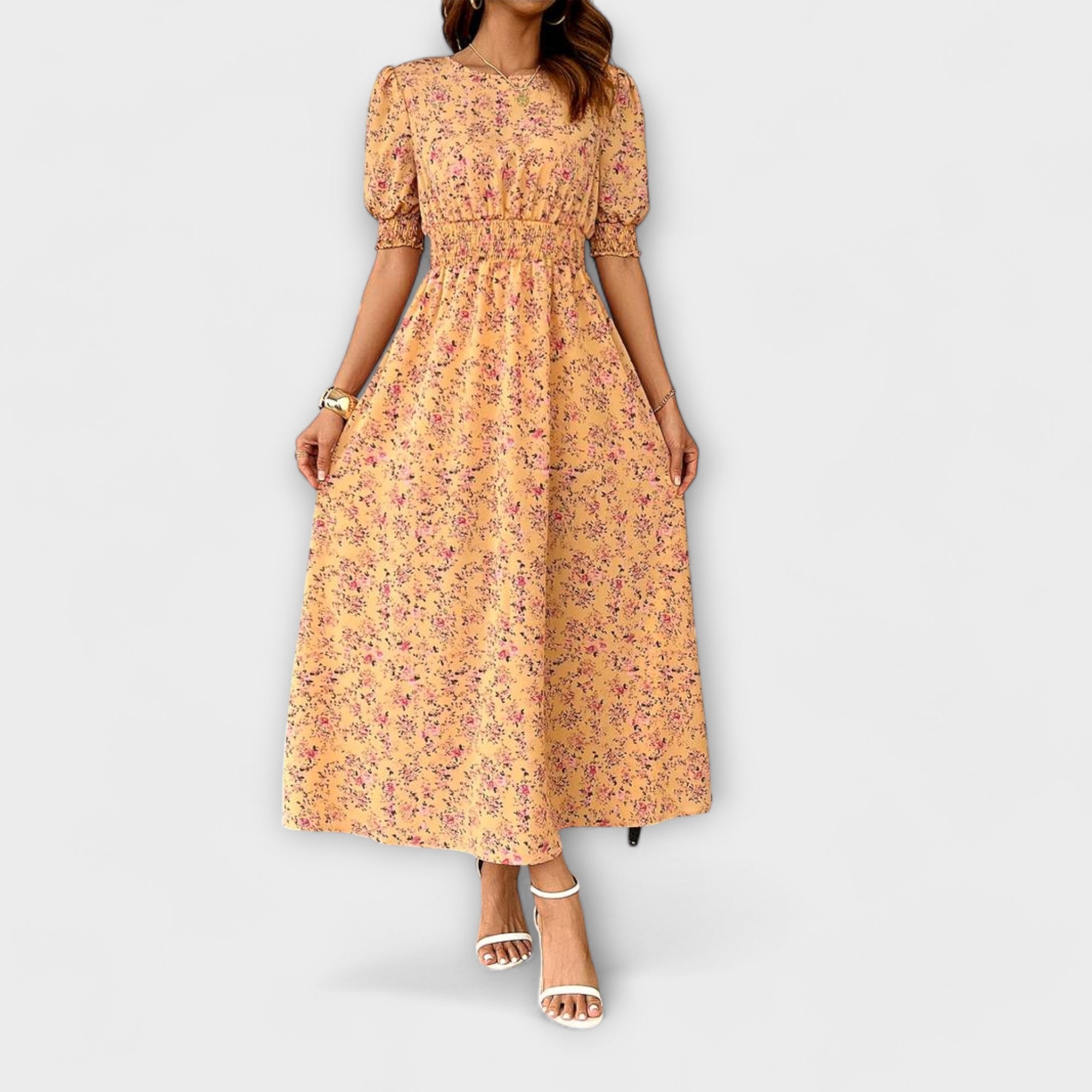Dress with Round Neck and Floral Pattern