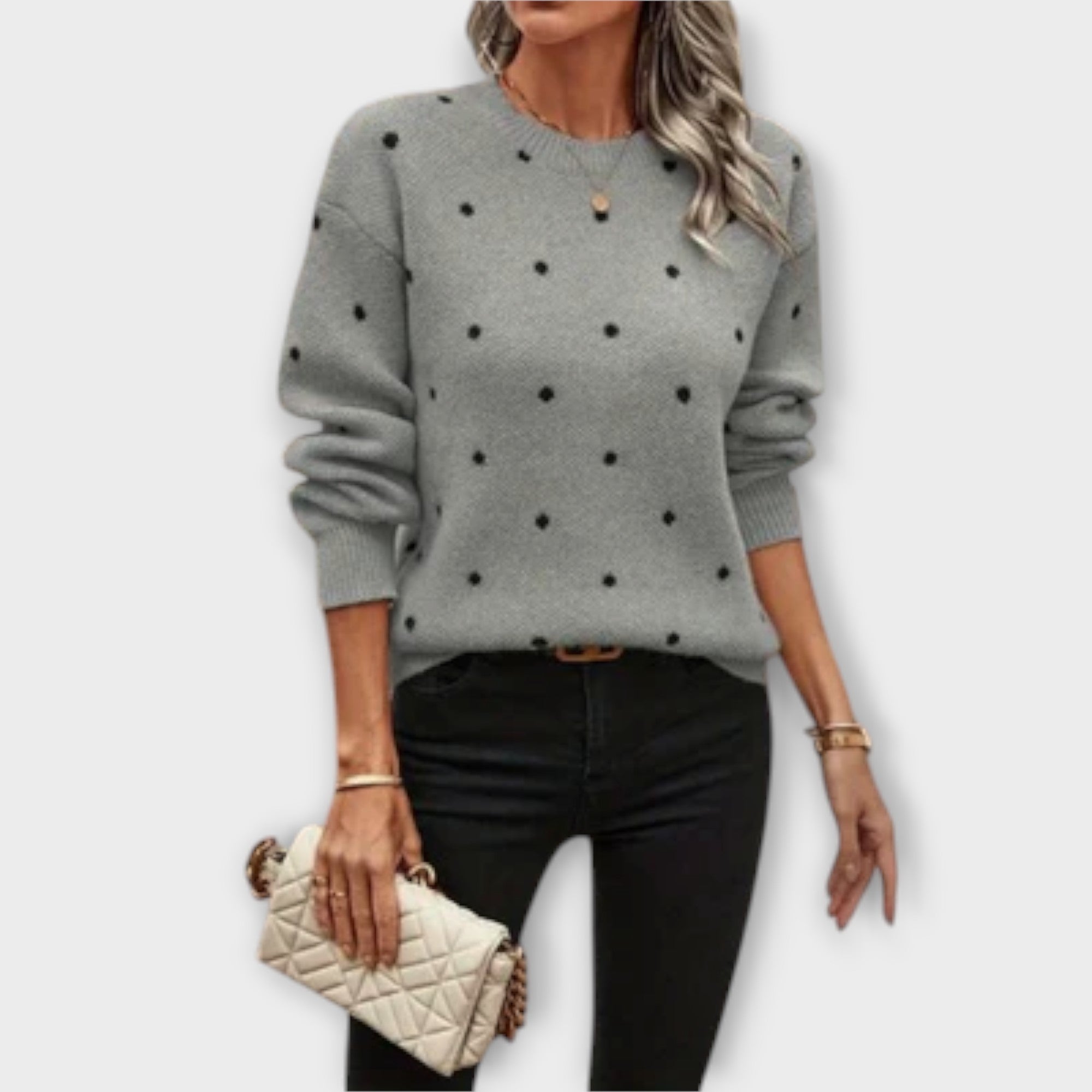 Casual long-sleeve knitted jumper with polka dot pattern