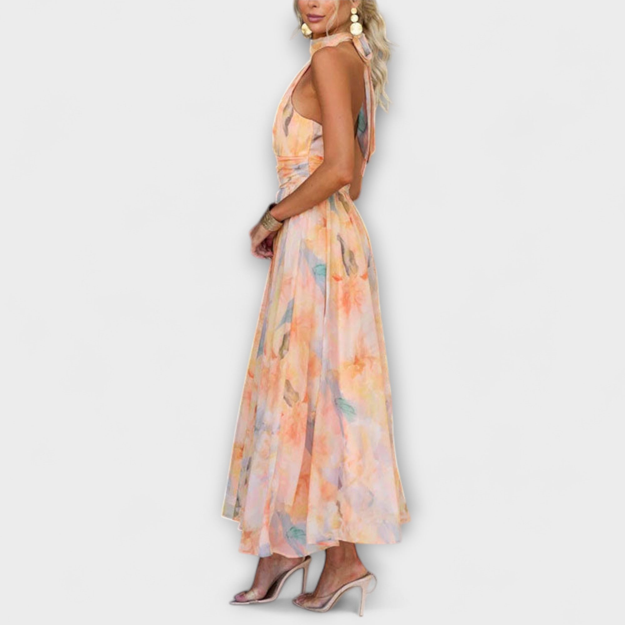 Neck Open Back Waist Watercolour Print Maxi Dress