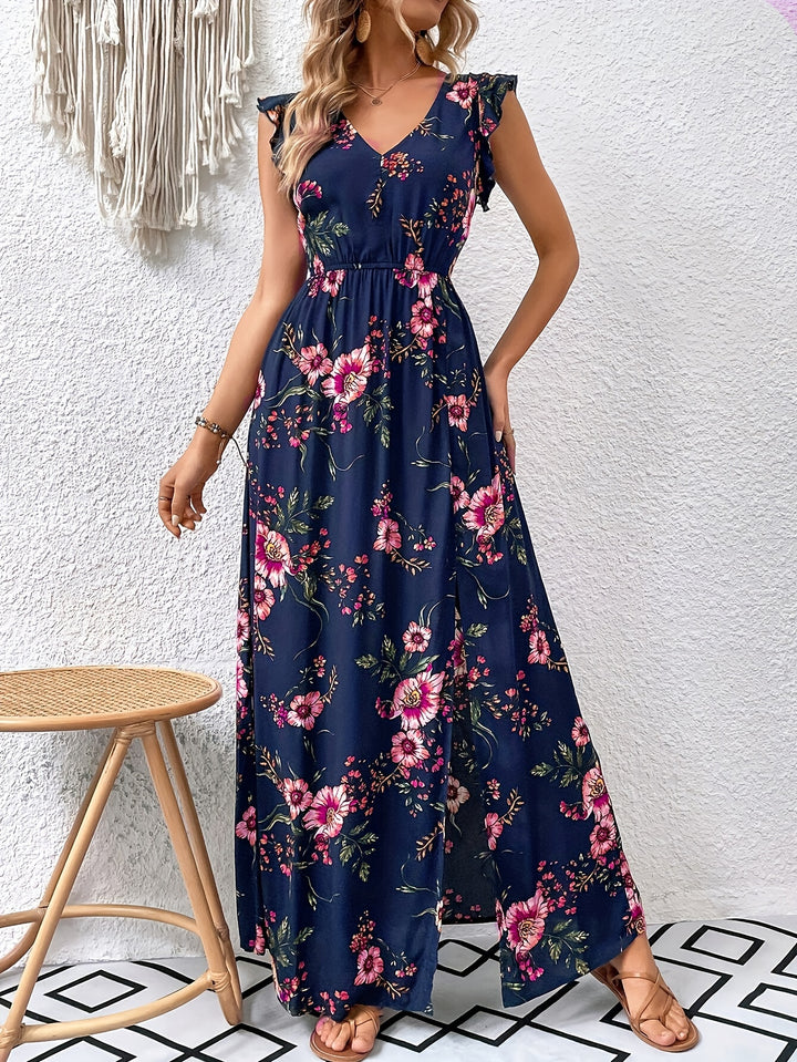 Floral Print High Waist Swing Maxi Dress, Elegant Split Hem V Neck Dress For Spring & Summer, Women's Clothing