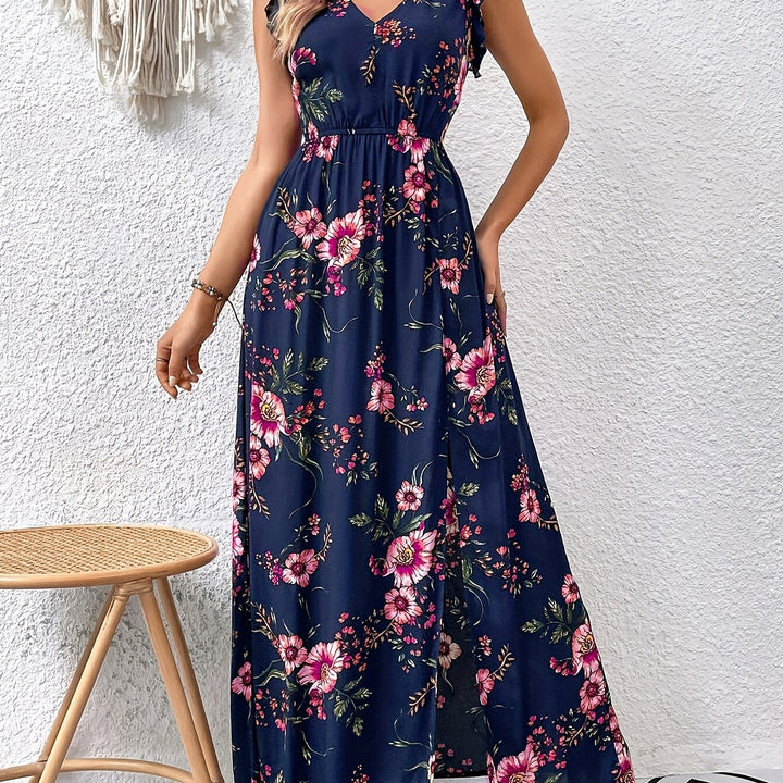 Floral Print High Waist Swing Maxi Dress, Elegant Split Hem V Neck Dress For Spring & Summer, Women's Clothing