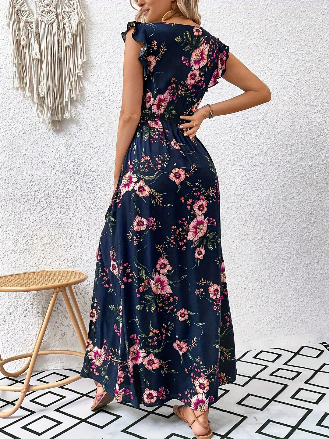Floral Print High Waist Swing Maxi Dress, Elegant Split Hem V Neck Dress For Spring & Summer, Women's Clothing