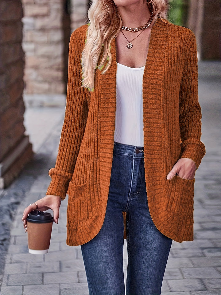 Women's Elegant Loose Fit Long Sleeve Blouse - Open Collar Casual Chic Tops with Side Pockets, Machine Washable Everyday & Formal Outfits in Mustard-Yellow - Non-Transparent All-Season Women's Clothing, Medium Elasticity, Versatile Top, Quality Stitching,