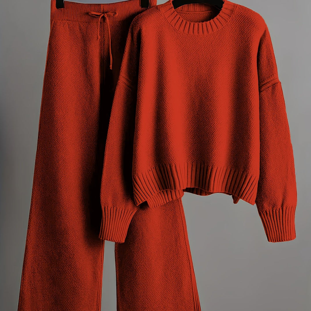 Women'S Oversized Round Neck Sweater & Wide-Leg Pants Two-Piece Set - Soft Beige Casual Elegant Outfit, Drop Shoulder Long Sleeve Pullover with Ribbed Texture, Loose Fit Trousers for Fall Winter Warmth, Cozy Everyday to Semi-Formal Wear, Sweaters for Wome