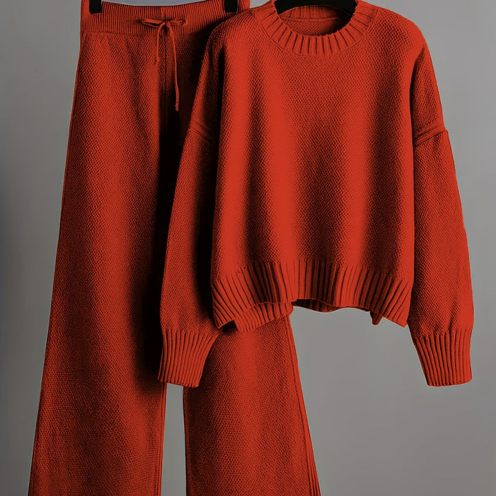 Women'S Oversized Round Neck Sweater & Wide-Leg Pants Two-Piece Set - Soft Beige Casual Elegant Outfit, Drop Shoulder Long Sleeve Pullover with Ribbed Texture, Loose Fit Trousers for Fall Winter Warmth, Cozy Everyday to Semi-Formal Wear, Sweaters for Wome