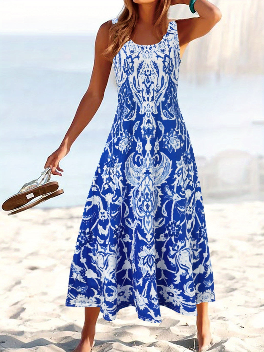 Women'S Summer Floral Print Maxi Dress - Sleeveless Square Neck A-Line Flowy Vacation Style with Pleated Design and Flowy Silhouette, Beach Attire | Flowing Maxi | A-Line Silhouette, Beach Dresses