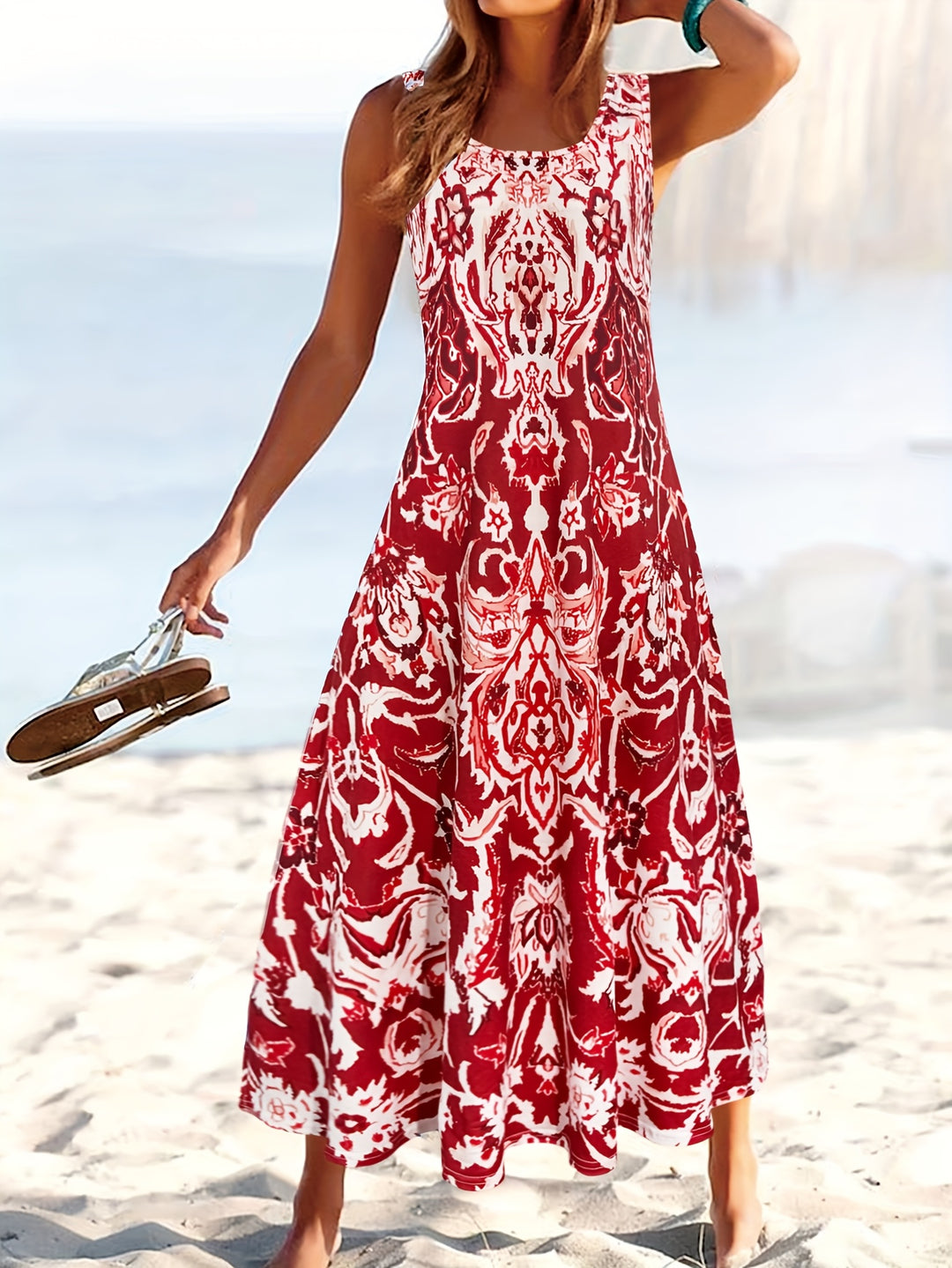 Women'S Summer Floral Print Maxi Dress - Sleeveless Square Neck A-Line Flowy Vacation Style with Pleated Design and Flowy Silhouette, Beach Attire | Flowing Maxi | A-Line Silhouette, Beach Dresses