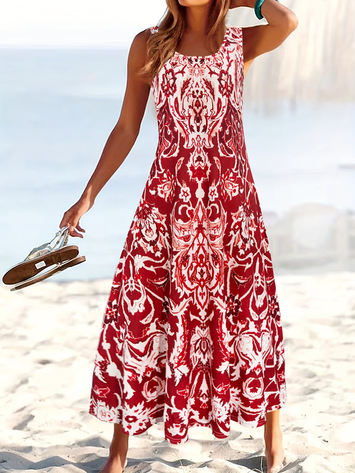 Women'S Summer Floral Print Maxi Dress - Sleeveless Square Neck A-Line Flowy Vacation Style with Pleated Design and Flowy Silhouette, Beach Attire | Flowing Maxi | A-Line Silhouette, Beach Dresses
