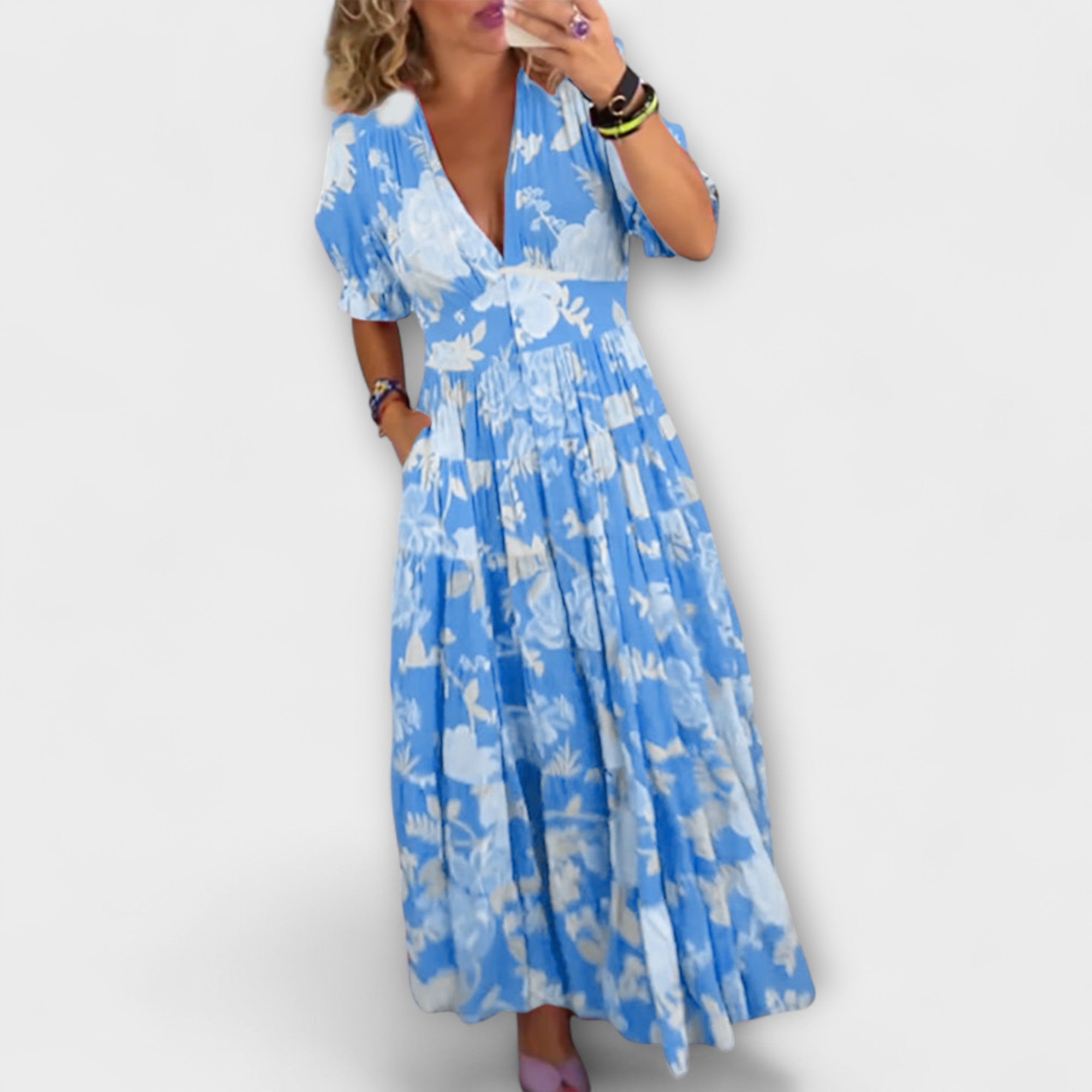 Catrisa - Floral Print V-neck Pocket Dress