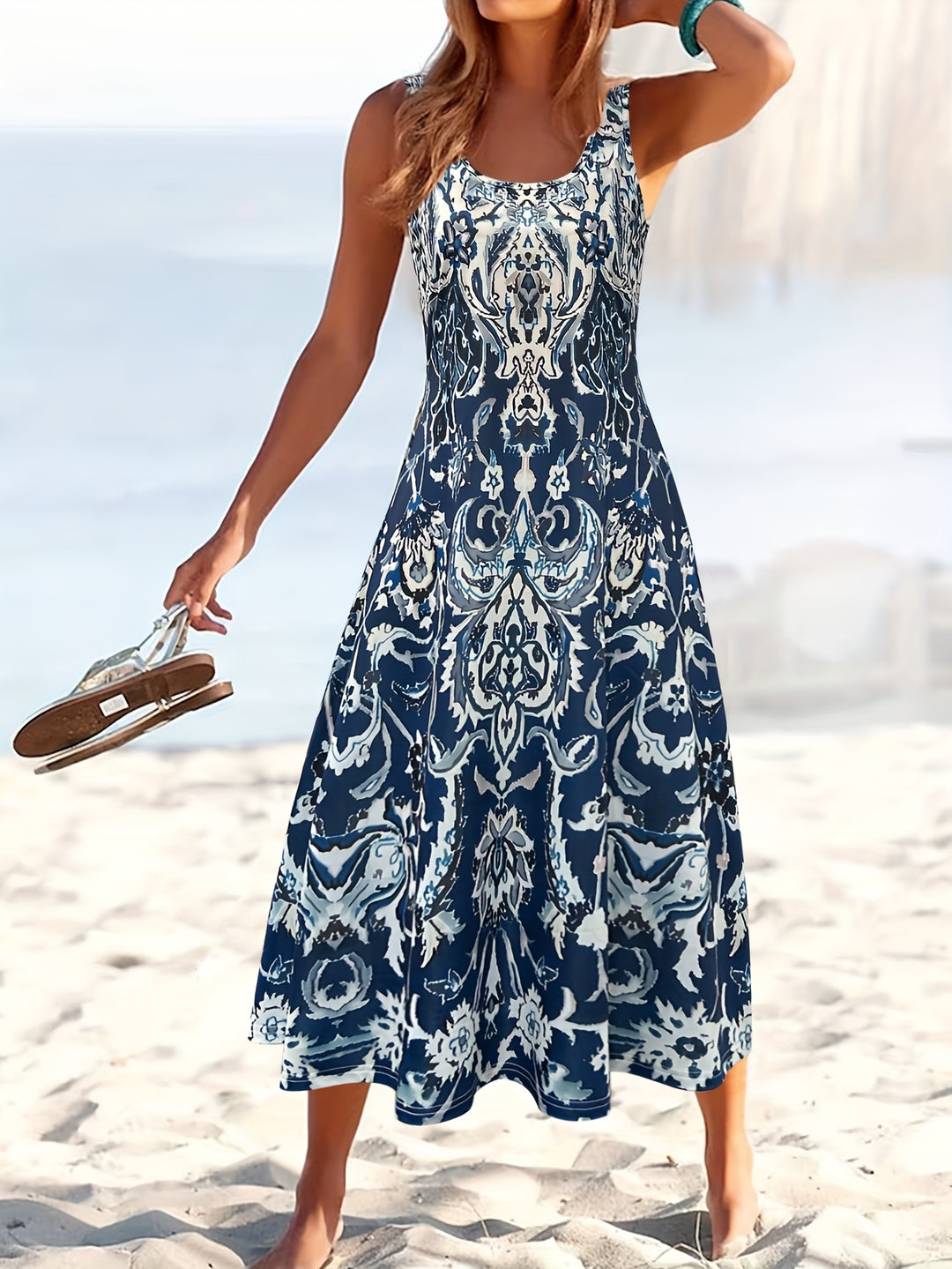Women'S Summer Floral Print Maxi Dress - Sleeveless Square Neck A-Line Flowy Vacation Style with Pleated Design and Flowy Silhouette, Beach Attire | Flowing Maxi | A-Line Silhouette, Beach Dresses