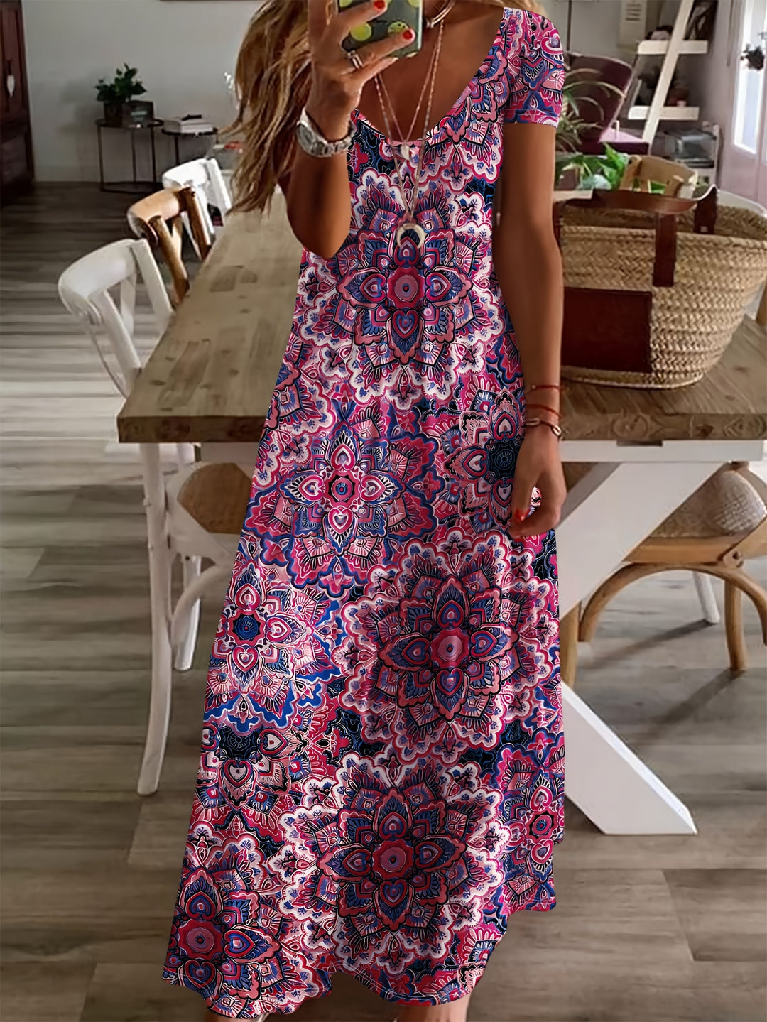 Women's Bohemian Paisley Print V-Neck Maxi Dress - Short Sleeve A-Line Machine Washable Midi Dress with Stretch Fabric for Casual & Formal Occasions, Seasonal Fashion, Elegant Style, Comfortable Fit, Fashion Lovers