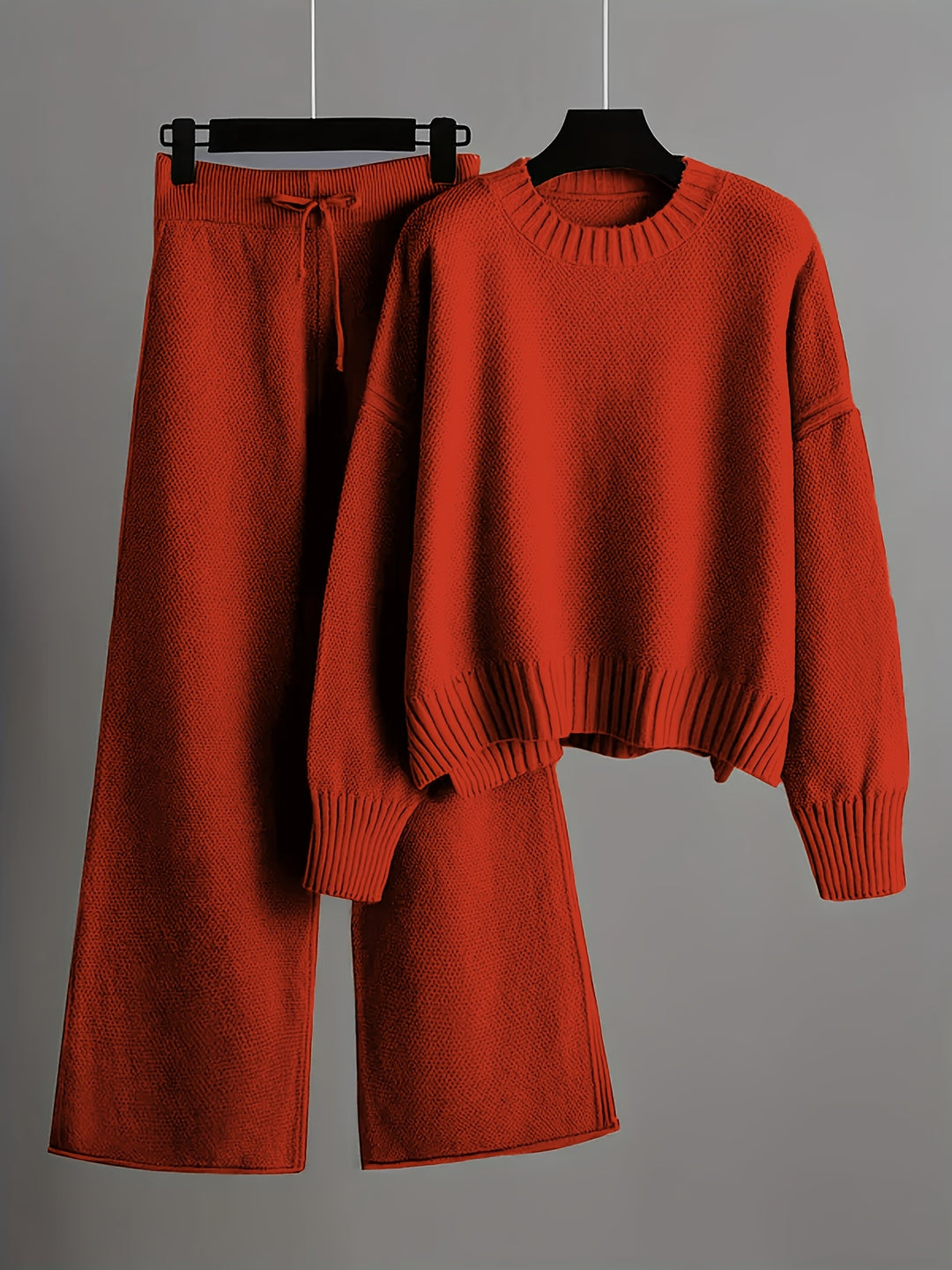 Women'S Oversized Round Neck Sweater & Wide-Leg Pants Two-Piece Set - Soft Beige Casual Elegant Outfit, Drop Shoulder Long Sleeve Pullover with Ribbed Texture, Loose Fit Trousers for Fall Winter Warmth, Cozy Everyday to Semi-Formal Wear, Sweaters for Wome