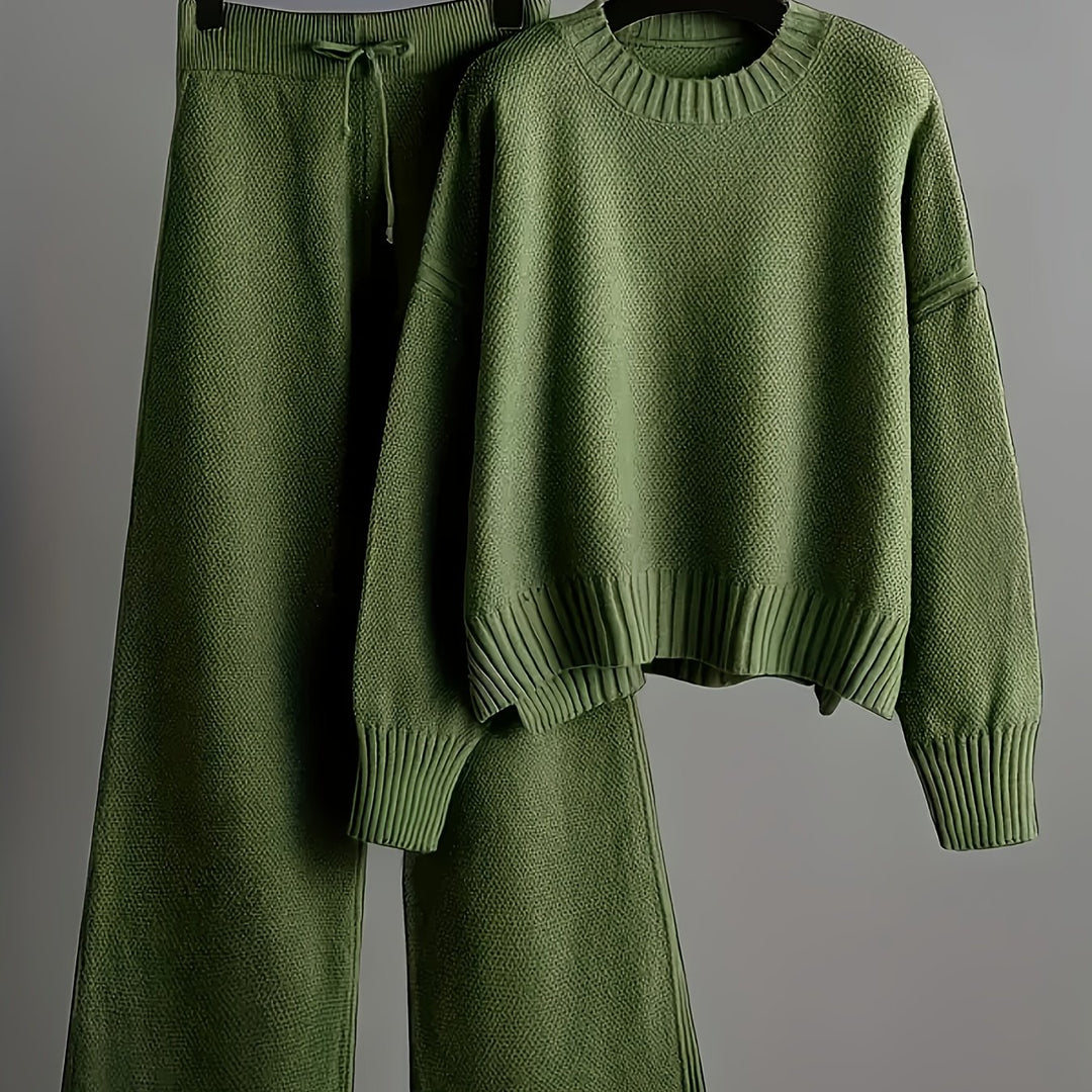 Women'S Oversized Round Neck Sweater & Wide-Leg Pants Two-Piece Set - Soft Beige Casual Elegant Outfit, Drop Shoulder Long Sleeve Pullover with Ribbed Texture, Loose Fit Trousers for Fall Winter Warmth, Cozy Everyday to Semi-Formal Wear, Sweaters for Wome