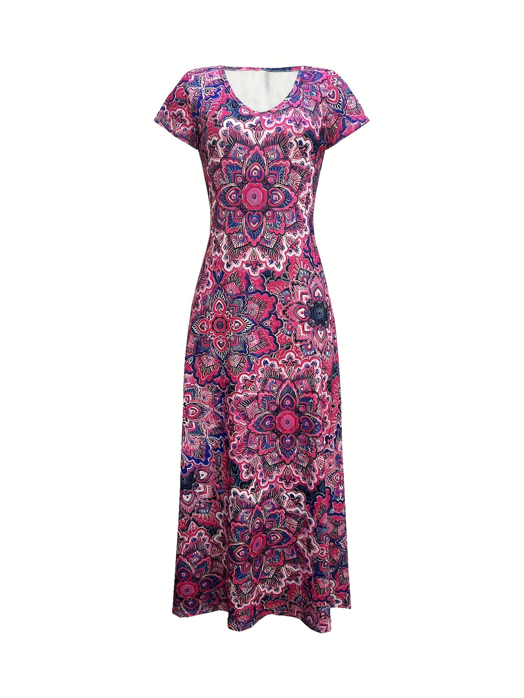 Women's Bohemian Paisley Print V-Neck Maxi Dress - Short Sleeve A-Line Machine Washable Midi Dress with Stretch Fabric for Casual & Formal Occasions, Seasonal Fashion, Elegant Style, Comfortable Fit, Fashion Lovers
