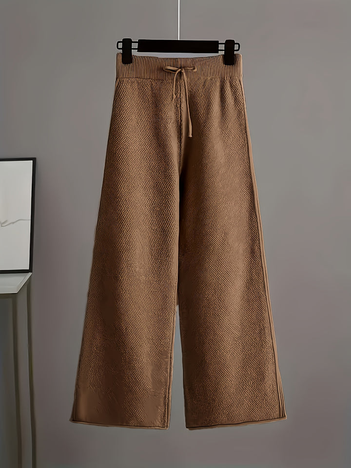 Women'S Oversized Round Neck Sweater & Wide-Leg Pants Two-Piece Set - Soft Beige Casual Elegant Outfit, Drop Shoulder Long Sleeve Pullover with Ribbed Texture, Loose Fit Trousers for Fall Winter Warmth, Cozy Everyday to Semi-Formal Wear, Sweaters for Wome