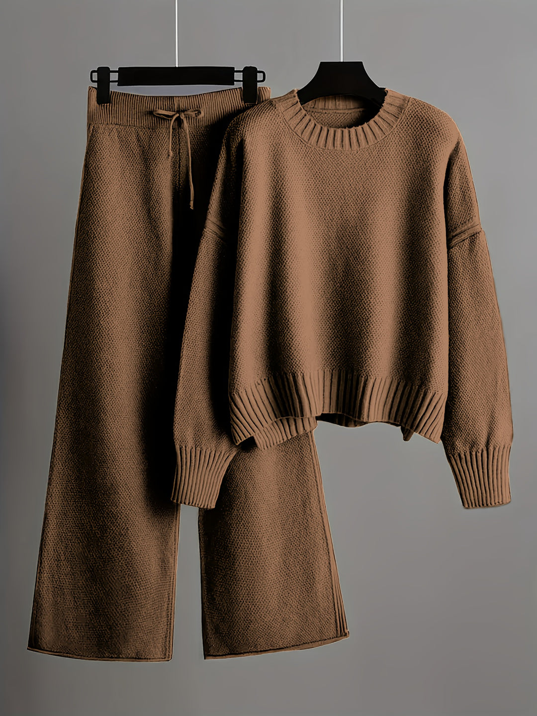 Women'S Oversized Round Neck Sweater & Wide-Leg Pants Two-Piece Set - Soft Beige Casual Elegant Outfit, Drop Shoulder Long Sleeve Pullover with Ribbed Texture, Loose Fit Trousers for Fall Winter Warmth, Cozy Everyday to Semi-Formal Wear, Sweaters for Wome