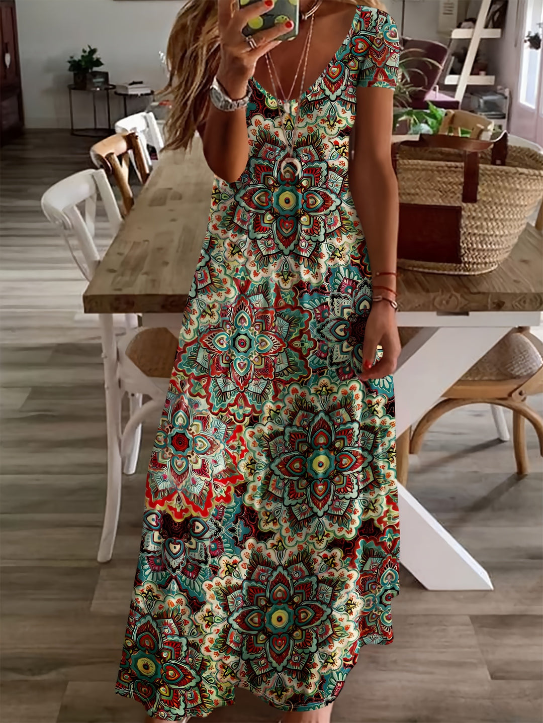 Women's Bohemian Paisley Print V-Neck Maxi Dress - Short Sleeve A-Line Machine Washable Midi Dress with Stretch Fabric for Casual & Formal Occasions, Seasonal Fashion, Elegant Style, Comfortable Fit, Fashion Lovers