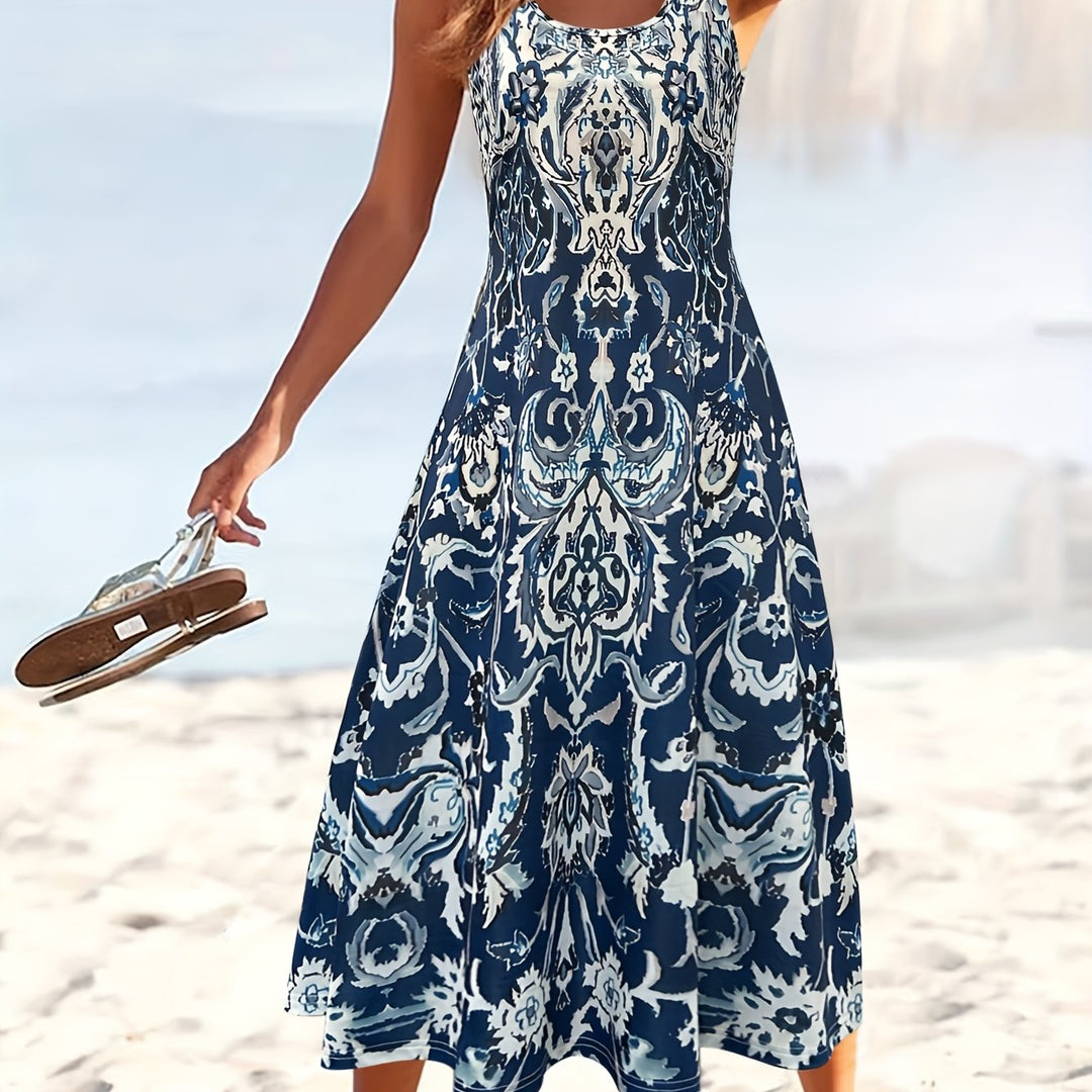 Women'S Summer Floral Print Maxi Dress - Sleeveless Square Neck A-Line Flowy Vacation Style with Pleated Design and Flowy Silhouette, Beach Attire | Flowing Maxi | A-Line Silhouette, Beach Dresses