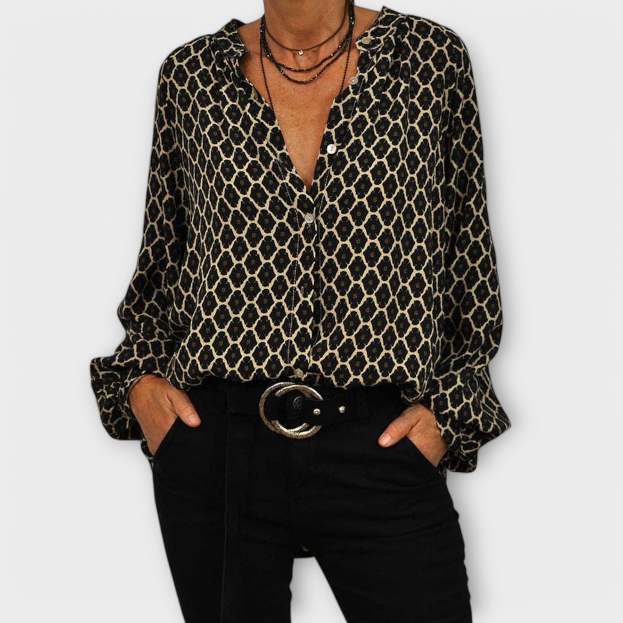Stylish Blouse with V-Neck and Long Sleeves