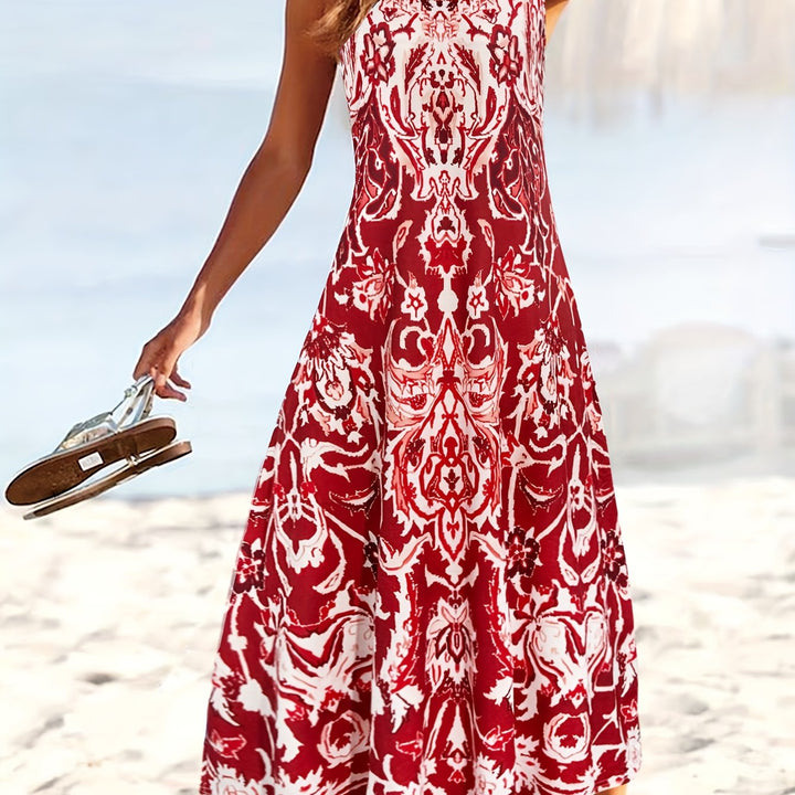 Women'S Summer Floral Print Maxi Dress - Sleeveless Square Neck A-Line Flowy Vacation Style with Pleated Design and Flowy Silhouette, Beach Attire | Flowing Maxi | A-Line Silhouette, Beach Dresses