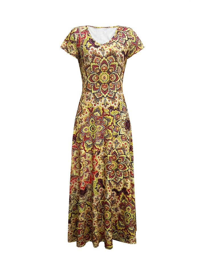Women's Bohemian Paisley Print V-Neck Maxi Dress - Short Sleeve A-Line Machine Washable Midi Dress with Stretch Fabric for Casual & Formal Occasions, Seasonal Fashion, Elegant Style, Comfortable Fit, Fashion Lovers