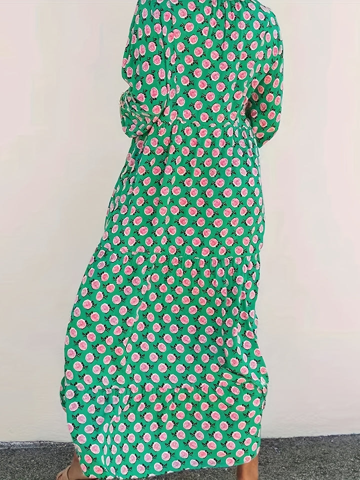 Women's Floral maxi Dress - Flowy A-Line Formal & Casual Gown, Machine Washable Green and Pink Print for Beach, Party, Everyday Outfits - Elegant Women's Clothing, Beach Dresses, Summer Outfit, Feminine Style, Breathable Material, Party Wear