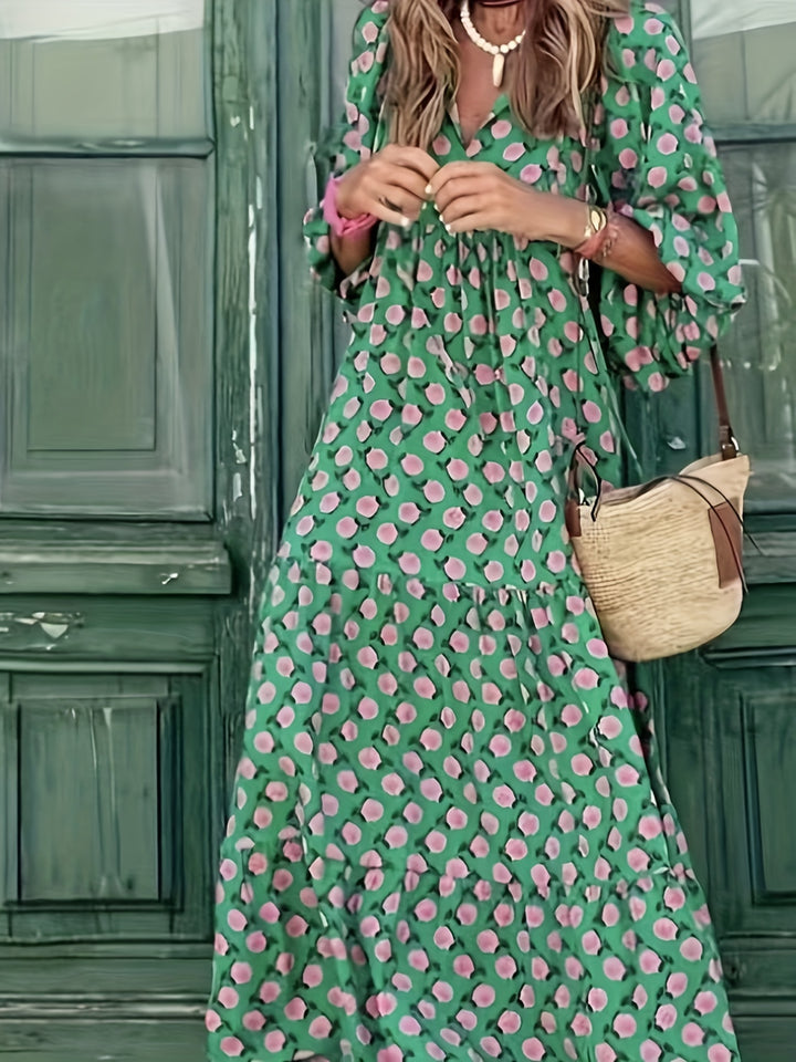 Women's Floral maxi Dress - Flowy A-Line Formal & Casual Gown, Machine Washable Green and Pink Print for Beach, Party, Everyday Outfits - Elegant Women's Clothing, Beach Dresses, Summer Outfit, Feminine Style, Breathable Material, Party Wear