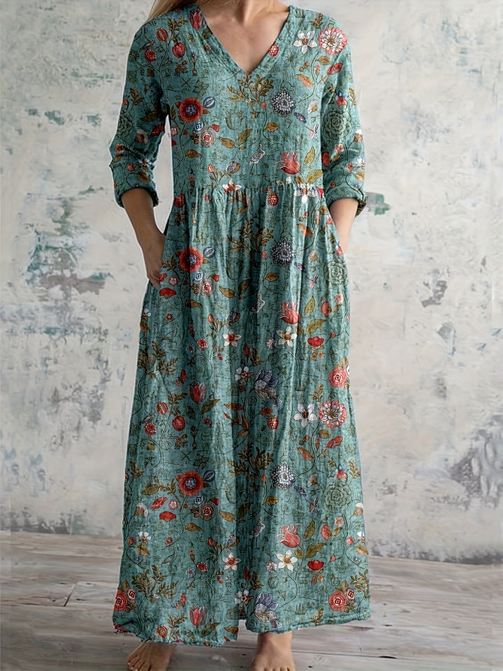 Women'S Floral Print V-Neck Dress with 3/4 Sleeves - Casual Long Dress for Spring/Summer/Fall, Lightweight Polyester Fabric, Vibrant Red & Green Flowers on Teal Background, Perfect for Casual Attire, Floral Dress