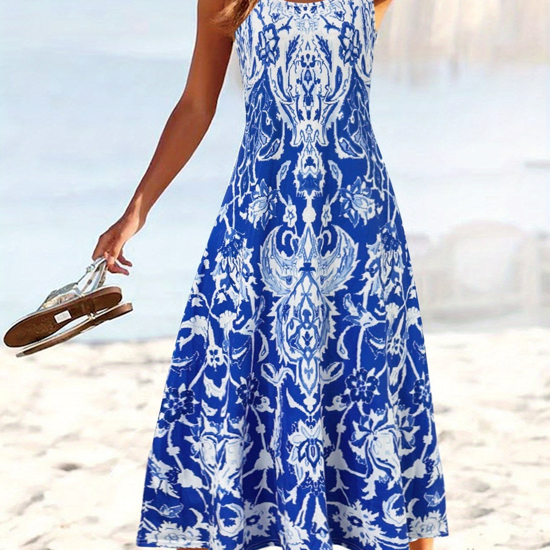 Women'S Summer Floral Print Maxi Dress - Sleeveless Square Neck A-Line Flowy Vacation Style with Pleated Design and Flowy Silhouette, Beach Attire | Flowing Maxi | A-Line Silhouette, Beach Dresses