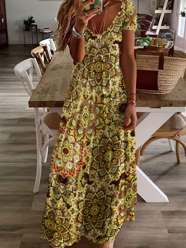 Women's Bohemian Paisley Print V-Neck Maxi Dress - Short Sleeve A-Line Machine Washable Midi Dress with Stretch Fabric for Casual & Formal Occasions, Seasonal Fashion, Elegant Style, Comfortable Fit, Fashion Lovers