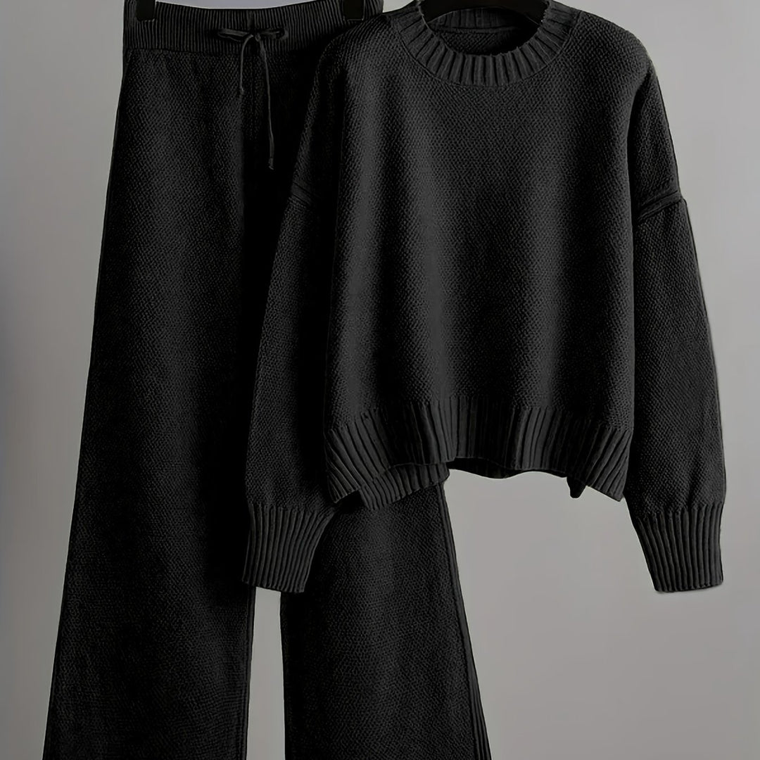Women'S Oversized Round Neck Sweater & Wide-Leg Pants Two-Piece Set - Soft Beige Casual Elegant Outfit, Drop Shoulder Long Sleeve Pullover with Ribbed Texture, Loose Fit Trousers for Fall Winter Warmth, Cozy Everyday to Semi-Formal Wear, Sweaters for Wome