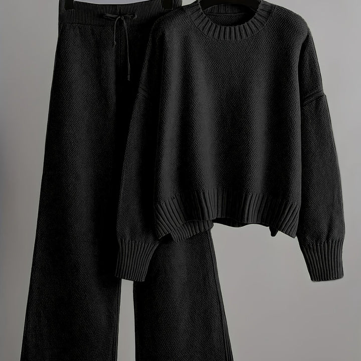 Women'S Oversized Round Neck Sweater & Wide-Leg Pants Two-Piece Set - Soft Beige Casual Elegant Outfit, Drop Shoulder Long Sleeve Pullover with Ribbed Texture, Loose Fit Trousers for Fall Winter Warmth, Cozy Everyday to Semi-Formal Wear, Sweaters for Wome