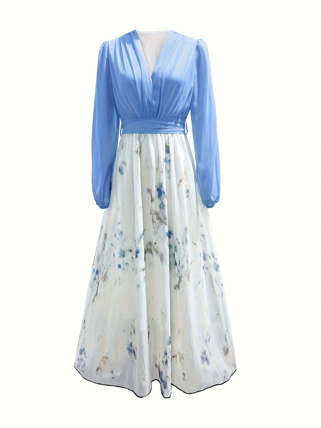 Women's Bohemian Floral Print V-Neck Long Sleeve Dress - Lightweight A-Line Flowy Maxi with Puff Sleeves, Machine Washable for Spring Summer Fall Casual & Formal Events, Spring Fashion, Elegant Style, Soft Fabric, Flowy Material