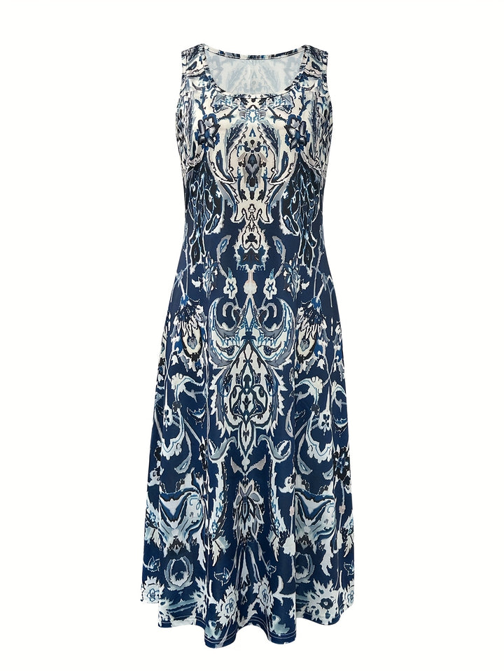 Women'S Summer Floral Print Maxi Dress - Sleeveless Square Neck A-Line Flowy Vacation Style with Pleated Design and Flowy Silhouette, Beach Attire | Flowing Maxi | A-Line Silhouette, Beach Dresses