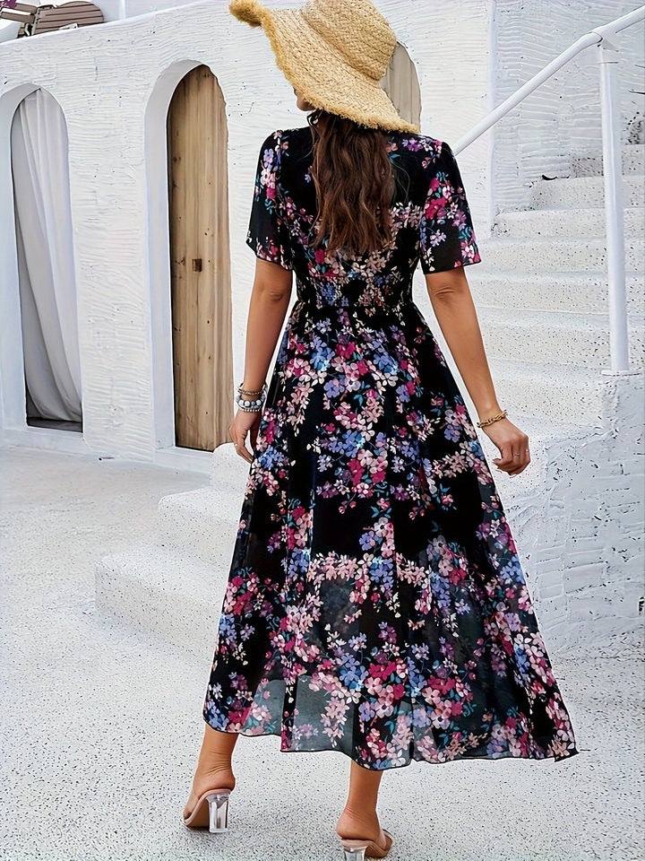 Women's Elegant Floral Print V-Neck Off-Shoulder Long Sleeve Maxi Dress - Breathable Summer Dress with Ruching Detail, Machine Washable for Tropical Parties & Casual Outings, Cute Summer Dresses, Party Attire, Chic Evening Wear