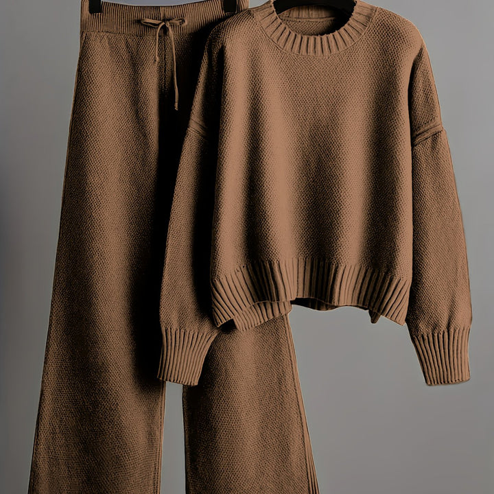 Women'S Oversized Round Neck Sweater & Wide-Leg Pants Two-Piece Set - Soft Beige Casual Elegant Outfit, Drop Shoulder Long Sleeve Pullover with Ribbed Texture, Loose Fit Trousers for Fall Winter Warmth, Cozy Everyday to Semi-Formal Wear, Sweaters for Wome