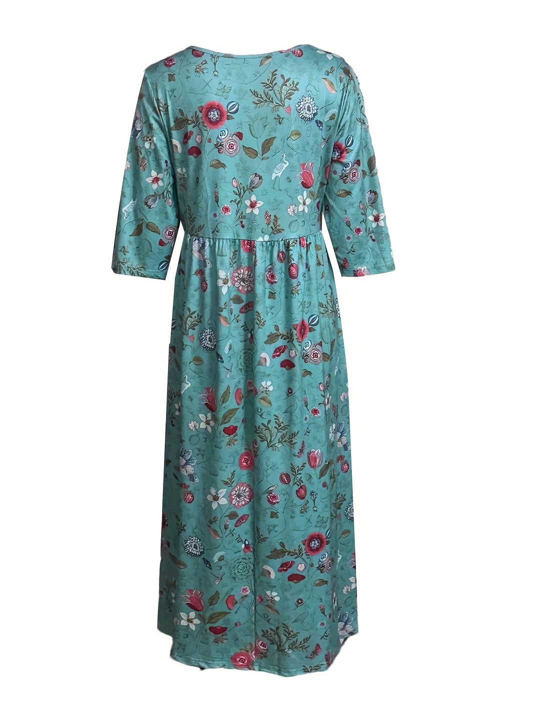 Women'S Floral Print V-Neck Dress with 3/4 Sleeves - Casual Long Dress for Spring/Summer/Fall, Lightweight Polyester Fabric, Vibrant Red & Green Flowers on Teal Background, Perfect for Casual Attire, Floral Dress
