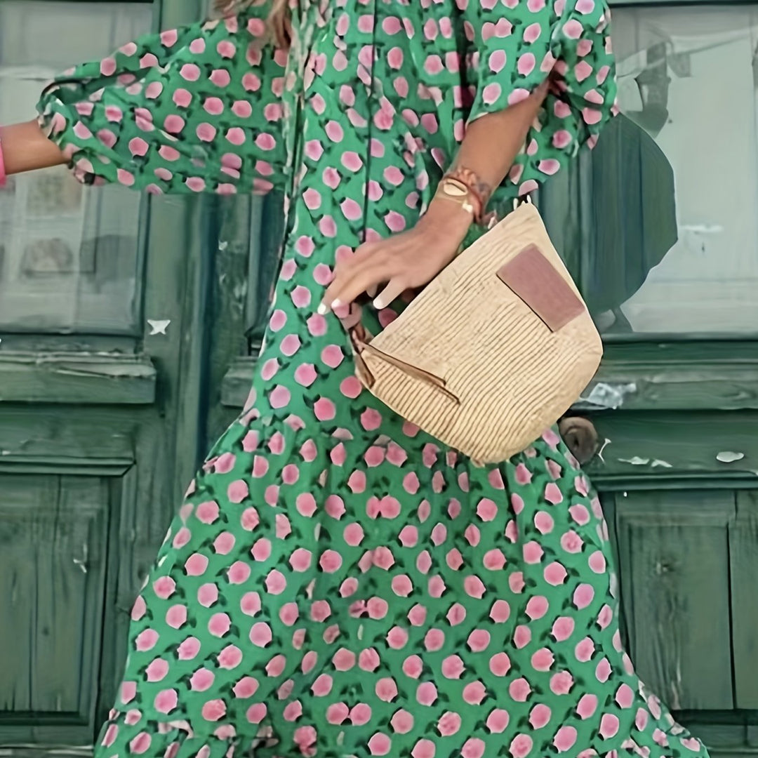 Women's Floral maxi Dress - Flowy A-Line Formal & Casual Gown, Machine Washable Green and Pink Print for Beach, Party, Everyday Outfits - Elegant Women's Clothing, Beach Dresses, Summer Outfit, Feminine Style, Breathable Material, Party Wear