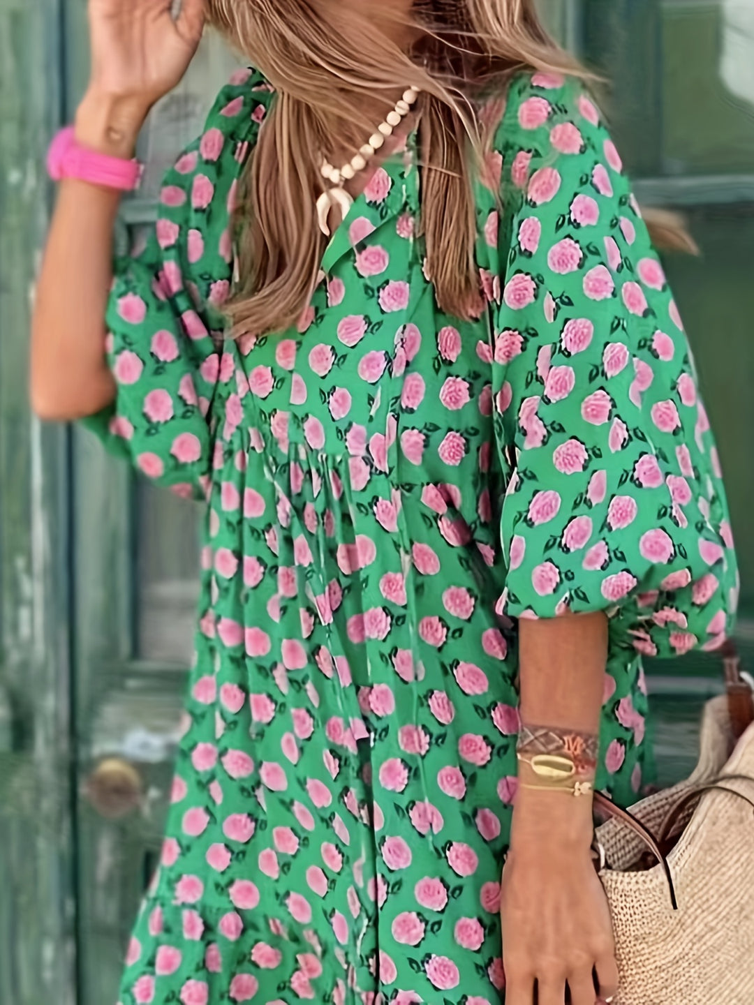 Women's Floral maxi Dress - Flowy A-Line Formal & Casual Gown, Machine Washable Green and Pink Print for Beach, Party, Everyday Outfits - Elegant Women's Clothing, Beach Dresses, Summer Outfit, Feminine Style, Breathable Material, Party Wear