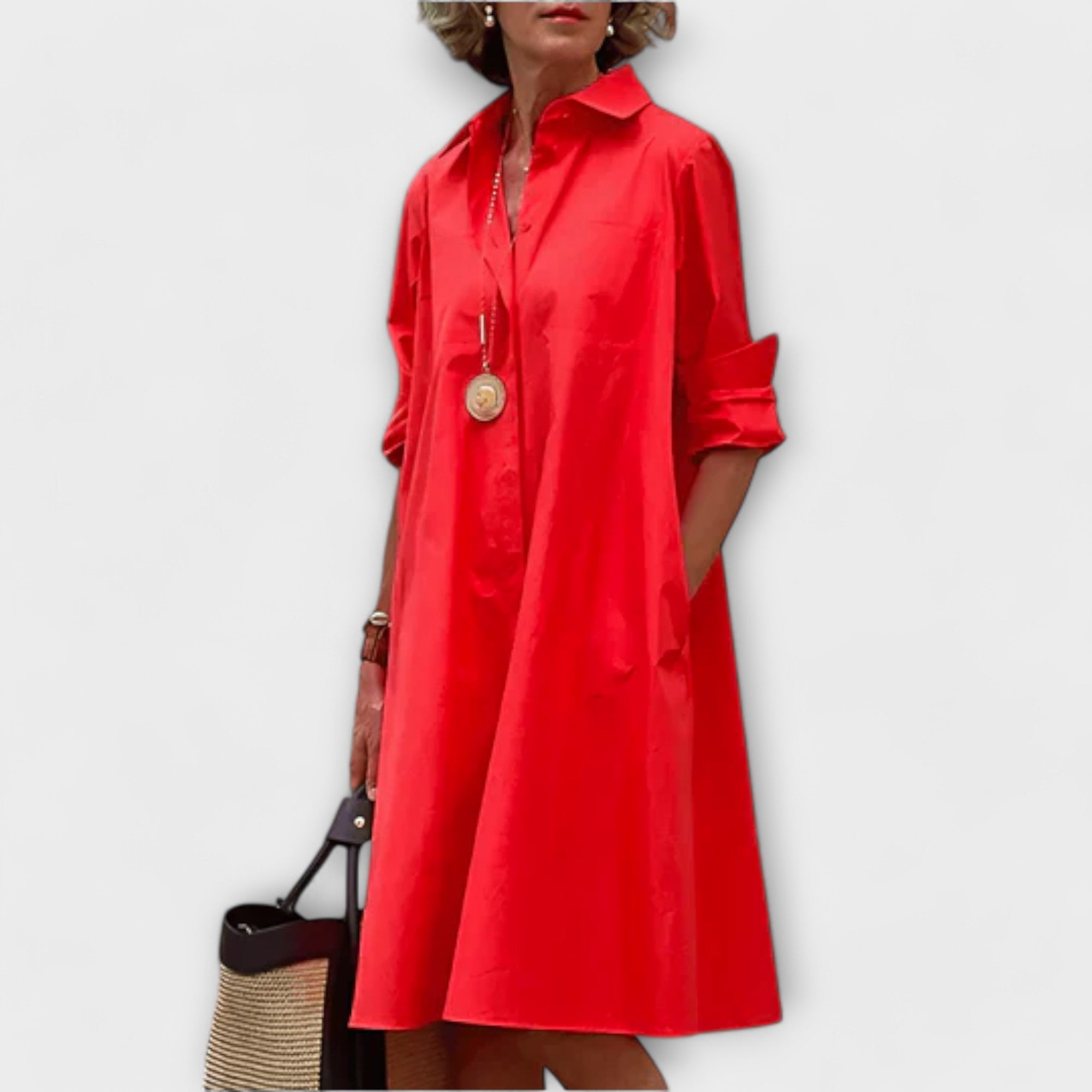 Modern Shirt Dress with Collar and Three-Quarter Sleeves
