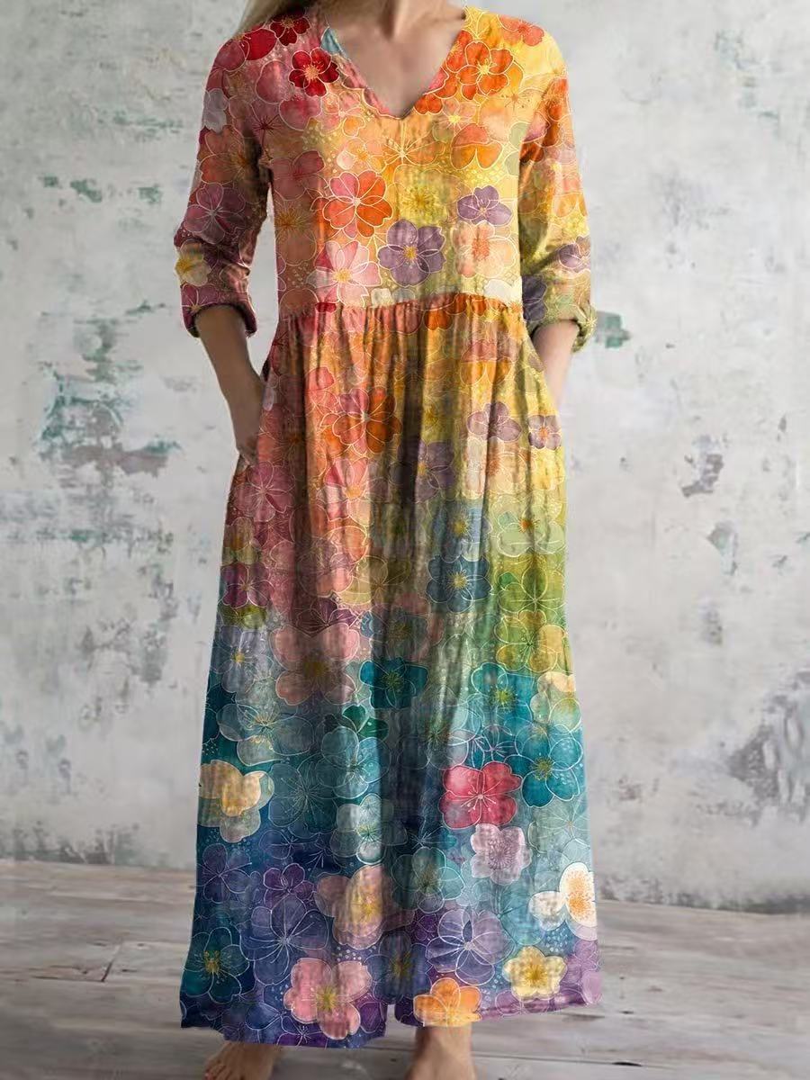 2025外贸跨境新款欧美3d印花亚马逊欧美夏季休闲宽松长袖连衣裙