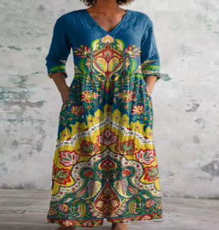 2025外贸跨境新款欧美3d印花亚马逊欧美夏季休闲宽松长袖连衣裙