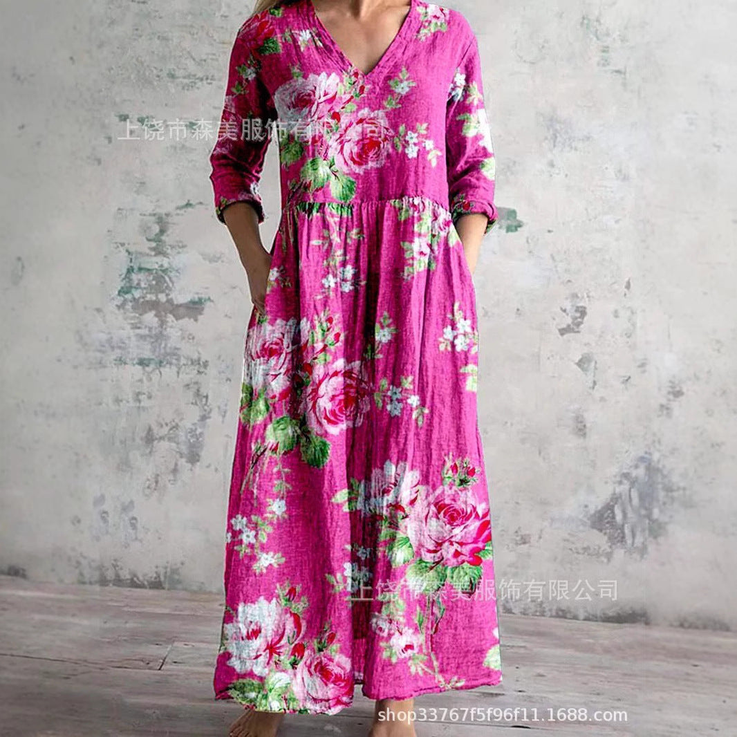 2025外贸跨境新款欧美3d印花亚马逊欧美夏季休闲宽松长袖连衣裙