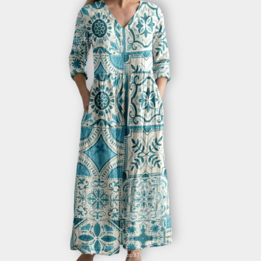 2025外贸跨境新款欧美3d印花亚马逊欧美夏季休闲宽松长袖连衣裙