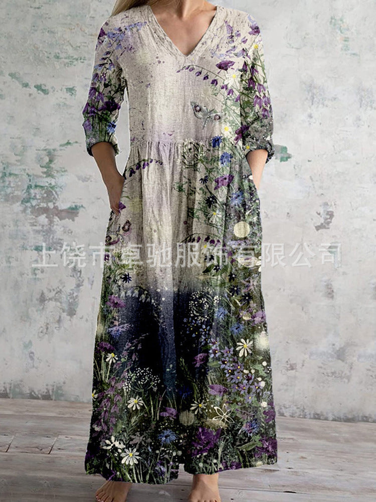 2025外贸跨境新款欧美3d印花亚马逊欧美夏季休闲宽松长袖连衣裙