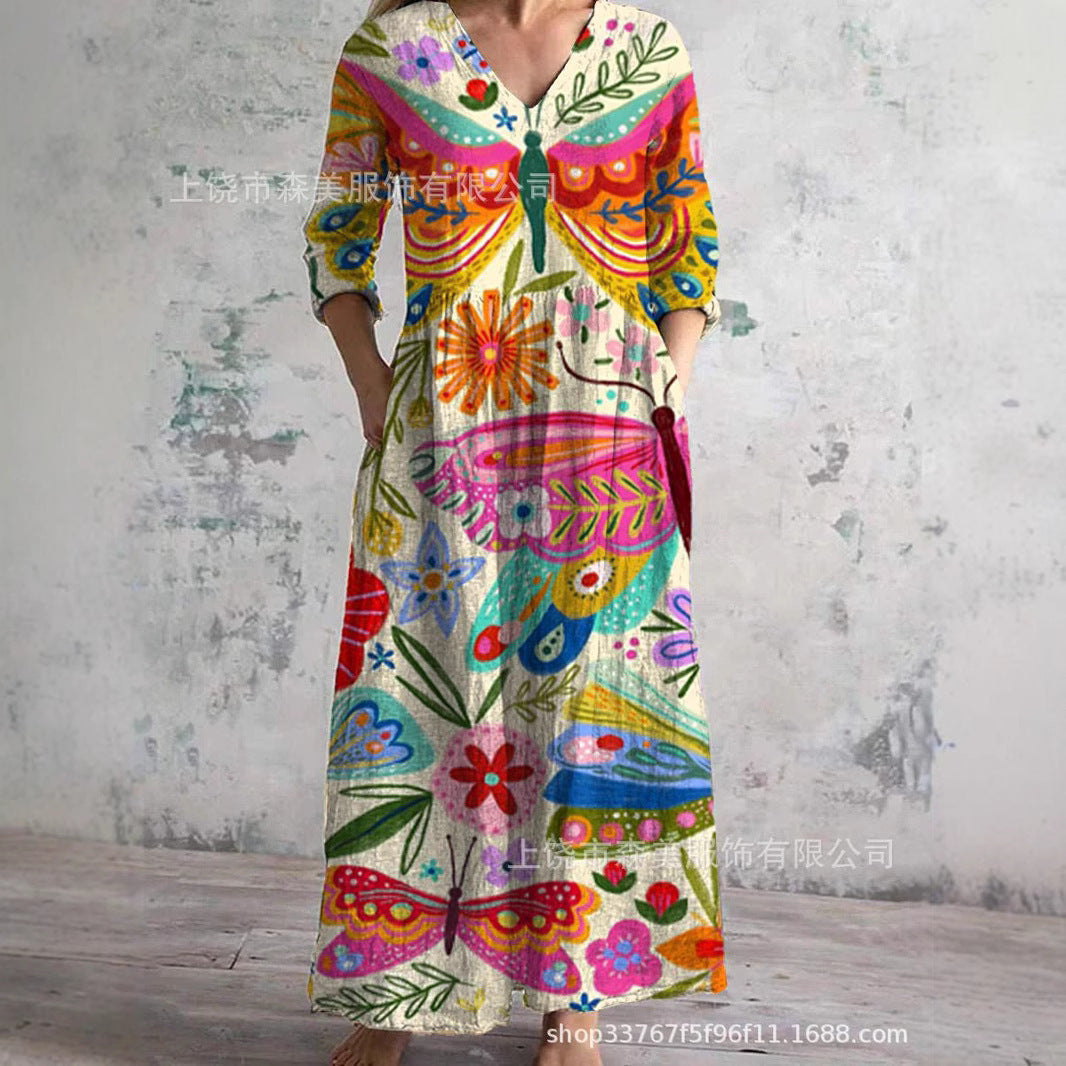 2025外贸跨境新款欧美3d印花亚马逊欧美夏季休闲宽松长袖连衣裙