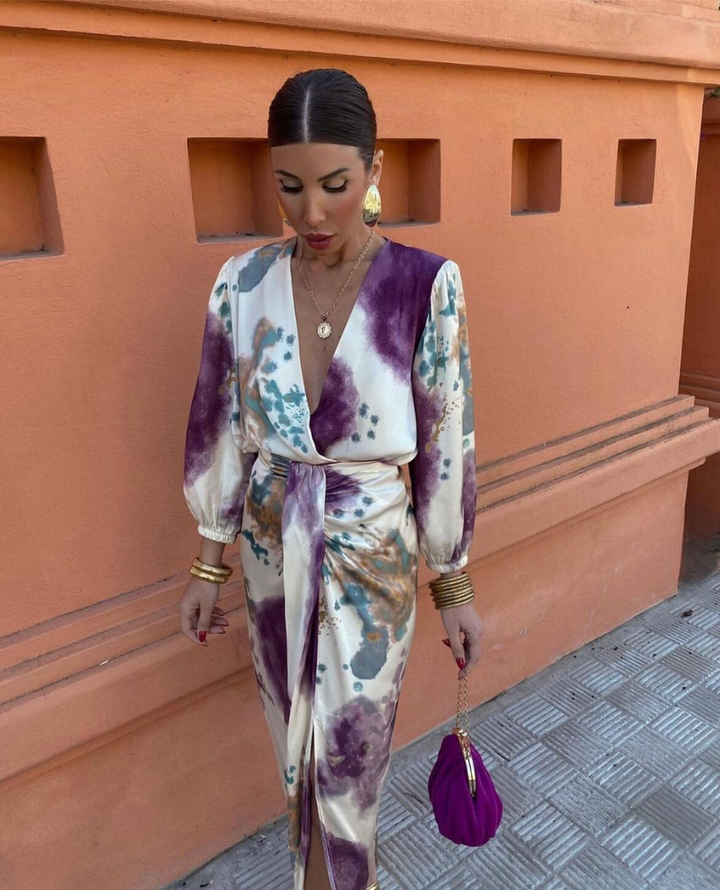 Davina - Elegant V-Neck Long Sleeve Split Maxi Dress