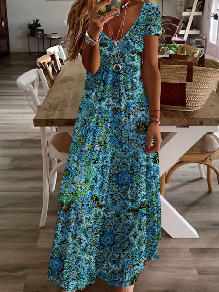 Women's Bohemian Paisley Print V-Neck Maxi Dress - Short Sleeve A-Line Machine Washable Midi Dress with Stretch Fabric for Casual & Formal Occasions, Seasonal Fashion, Elegant Style, Comfortable Fit, Fashion Lovers