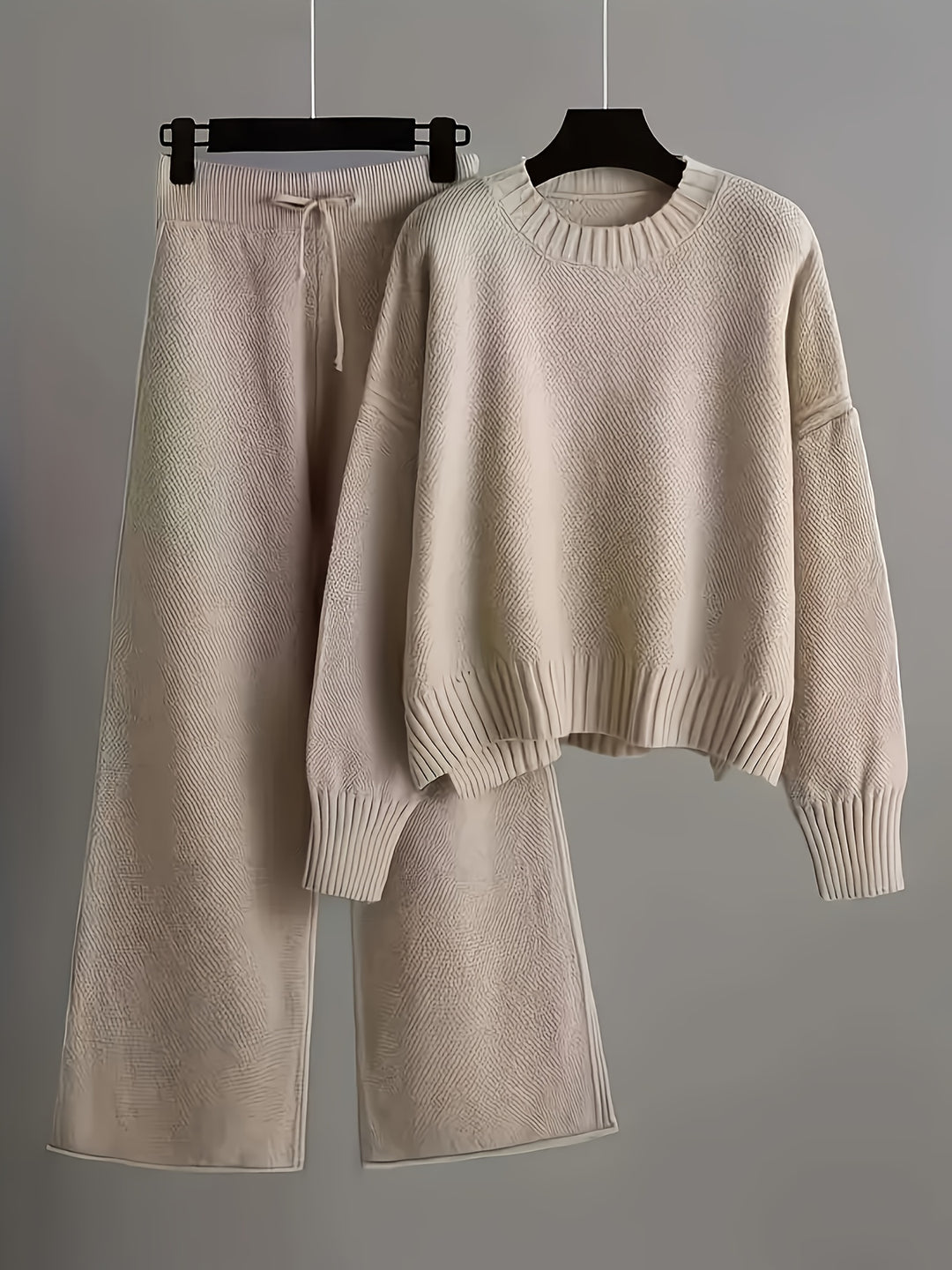 Women'S Oversized Round Neck Sweater & Wide-Leg Pants Two-Piece Set - Soft Beige Casual Elegant Outfit, Drop Shoulder Long Sleeve Pullover with Ribbed Texture, Loose Fit Trousers for Fall Winter Warmth, Cozy Everyday to Semi-Formal Wear, Sweaters for Wome