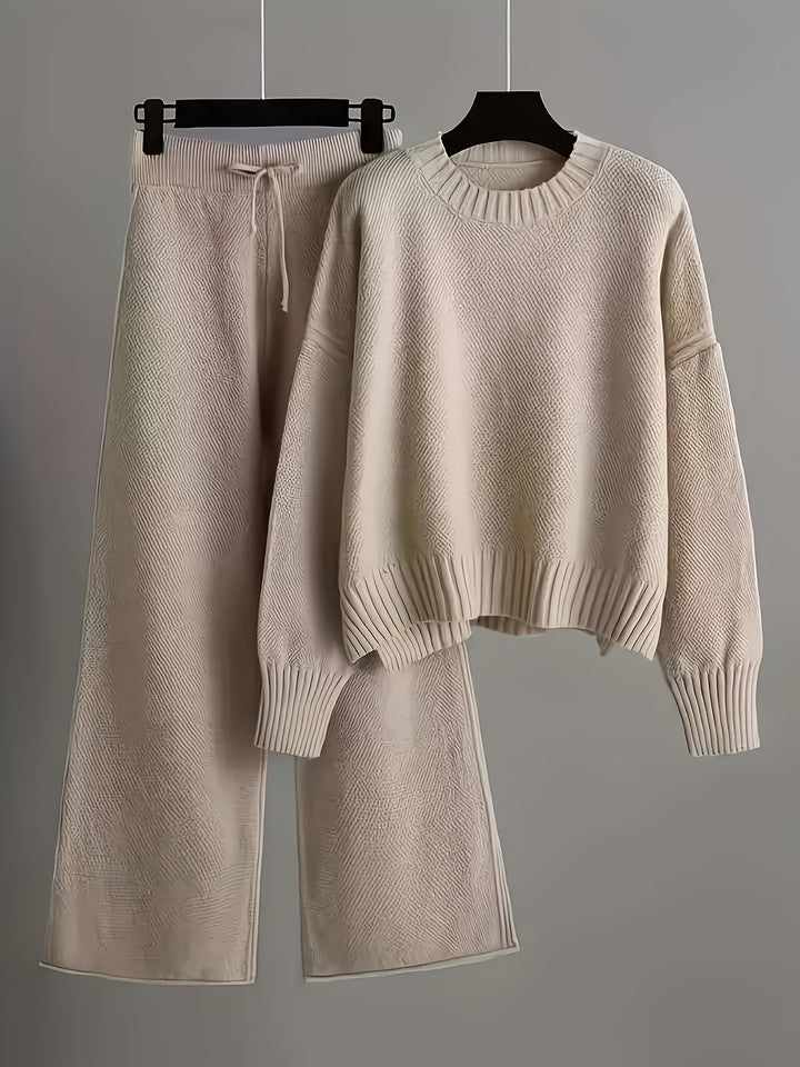 Women'S Oversized Round Neck Sweater & Wide-Leg Pants Two-Piece Set - Soft Beige Casual Elegant Outfit, Drop Shoulder Long Sleeve Pullover with Ribbed Texture, Loose Fit Trousers for Fall Winter Warmth, Cozy Everyday to Semi-Formal Wear, Sweaters for Wome